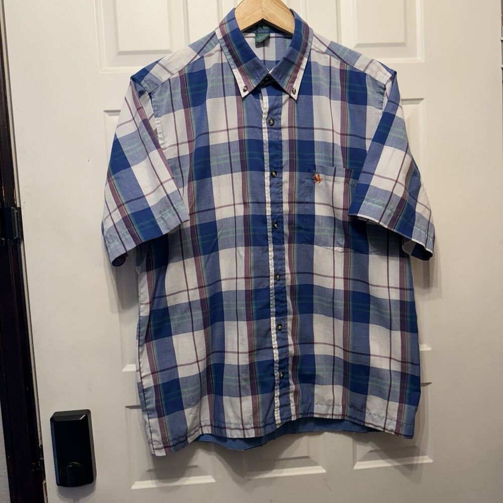 Knights of Round Table Mens L Plaid Shirt Vintage Short Sleeve Button Down